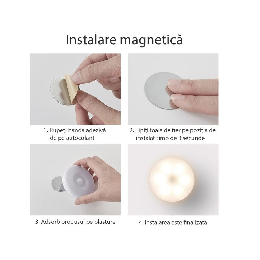 Lampa de Veghe LED, Vivimall, cu Senzor de Miscare, Doua Tipuri de Lumina Alb Rece, Incarcare USB, Intrerupator On/Off/Auto, 0.6W, 300mAh, Design Rotund, Alb, 8.5x2.3 cm - vivimall.ro