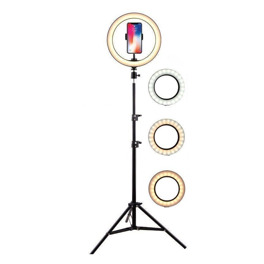 Lampa LED Circulara cu Trepied Metalic Extensibil, Vivimall, Rotativa 360 de Grade, Lungime Extensie 210 cm, Diametru Lampa 26 cm, Conectare USB, Telecomanda, 3 Trepte de Lumina, Negru - vivimall.ro