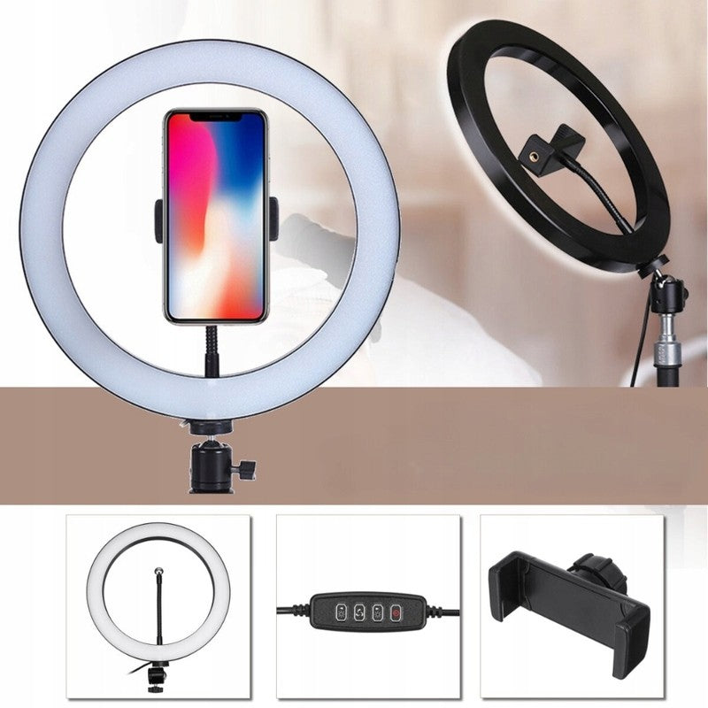 Lampa LED Circulara cu Trepied Metalic Extensibil, Vivimall, Rotativa 360 de Grade, Lungime Extensie 210 cm, Diametru Lampa 26 cm, Conectare USB, Telecomanda, 3 Trepte de Lumina, Negru - vivimall.ro