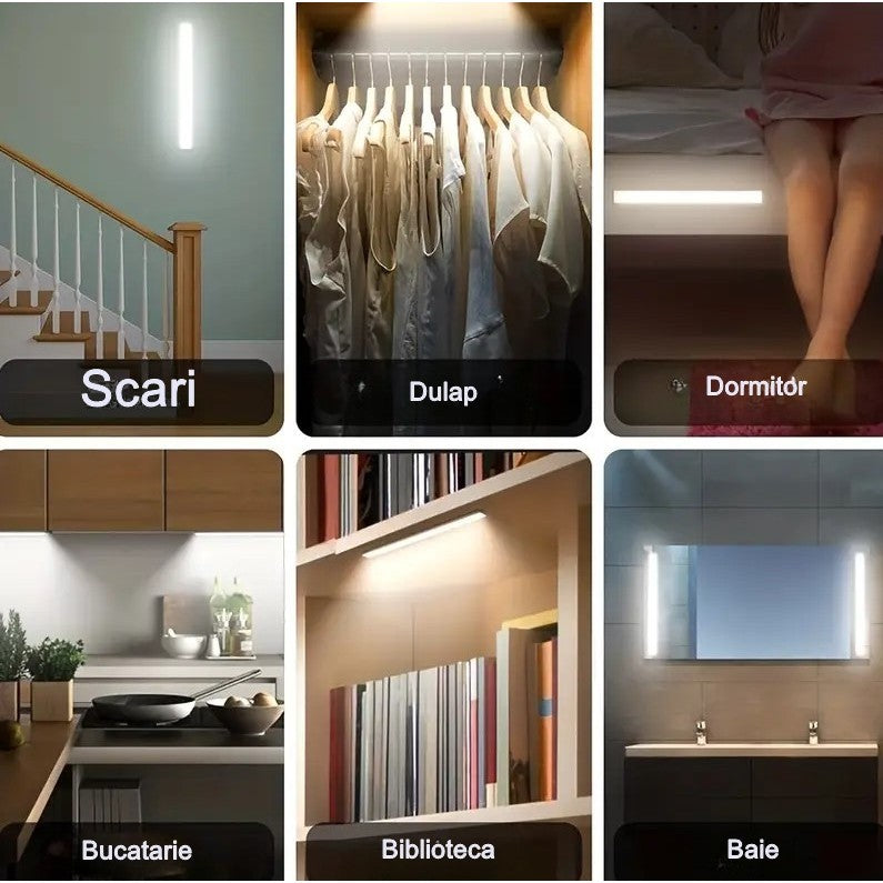 Lampa LED cu Senzor de Lumina si Miscare 30 cm, Vivimall, Intensitate Reglabila, Suport Magnetic, 79 LED-uri, 114.59lm , Acumulator 600mAh cu Reincarcare prin USB-C, pentru Bucatarie, Hol, Dressing, Garaj - vivimall.ro