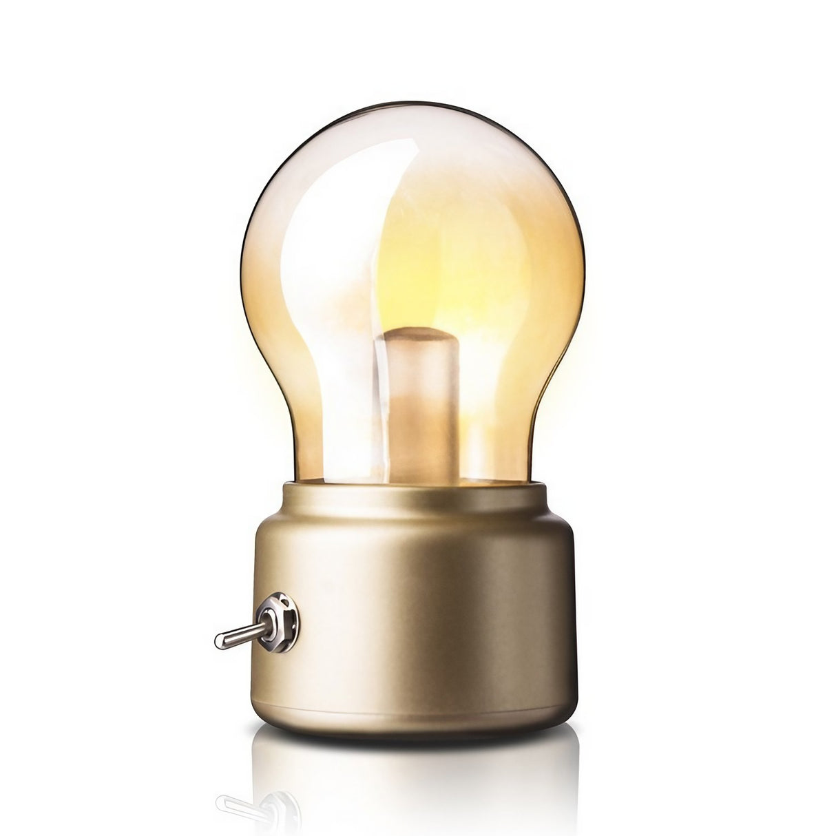 Detaliu comutator metalic lampă LED decorativă retro bulb, finisaj premium, prim-plan