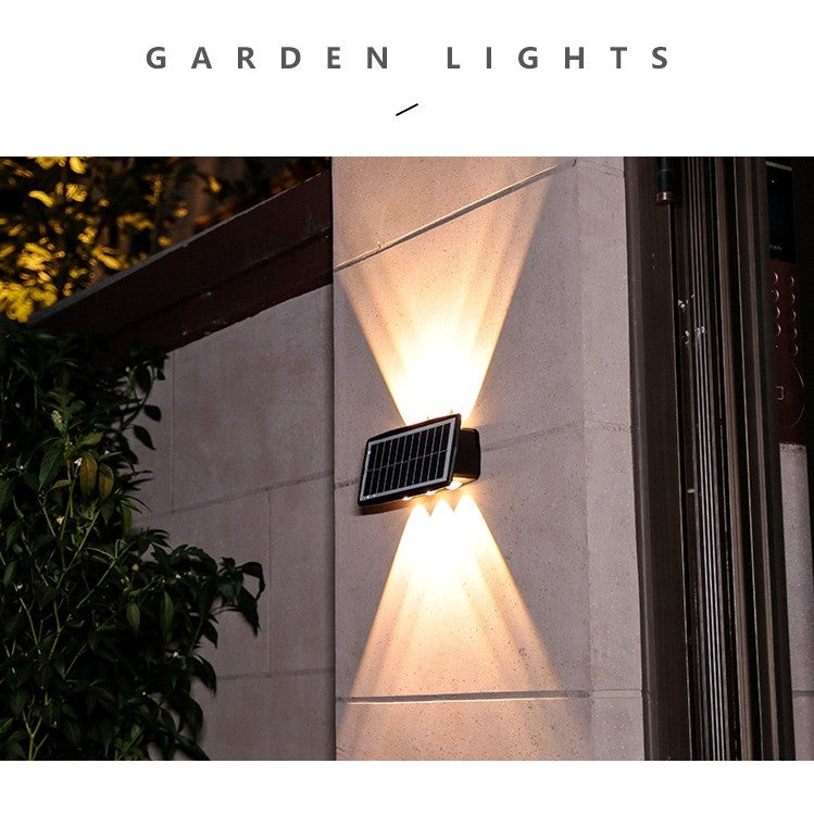 Lampa solara LED bidirectionala dreptunghiulara pentru perete Vivimall, 20.5x10 cm, 6 LED-uri, 5.5V, ABS, 500mAh, rezistent la apa IP65, alb cald - vivimall.ro