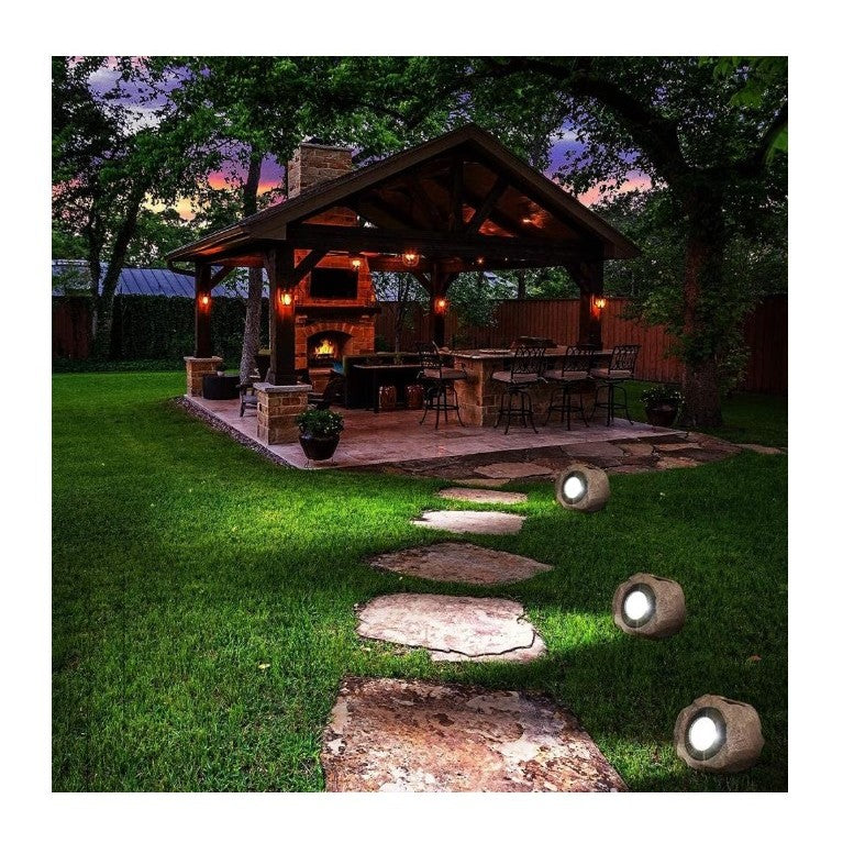 Lampa solara LED decorativa pentru gradina Vivimall, imitatie piatra, lumina puternica 4 LED-uri, 12 x 15 cm, material ABS, baterie Ni-MH, 600 mAh, panou solar 2V, lumina alb rece, gri - vivimall.ro