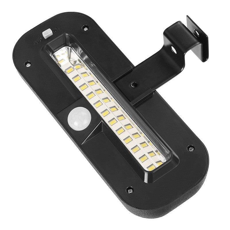 Lampa solara LED dreptunghiulara pentru perete Vivimall, 18 x 7 cm, senzor miscare, 6V, ABS, 2200mAh, rezistent la apa, culoare alb rece, suport negru - vivimall.ro