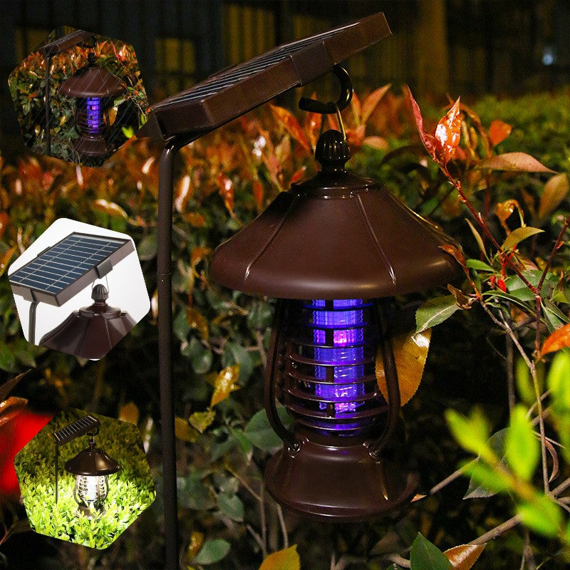 Lampa solara pentru gradina, anti-insecte, tantari, muste, UV, LED, material ABS, putere 5W, 1.2 V, autonomie 8 ore, 2 moduri de functionare, IP65, electric shock 380 volti, 30 x 19.5 cm, maro - vivimall.ro