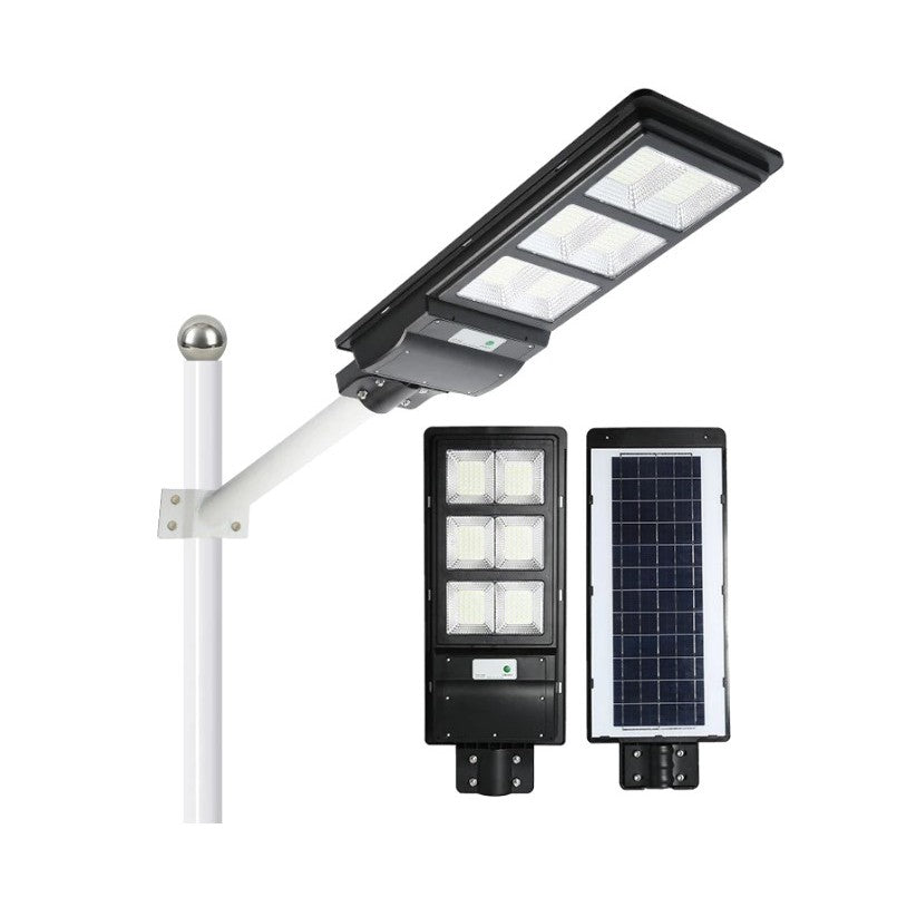 Lampa solara stradala Vivimall, cu telecomanda, senzor de miscare si lumina, suport prindere, 135 LED-uri, IP65, ABS, 8AH, 100W, temperatura culoare 6500K, 48.5x22x6.8 cm, autonomie 10-12 ore, negru - vivimall.ro
