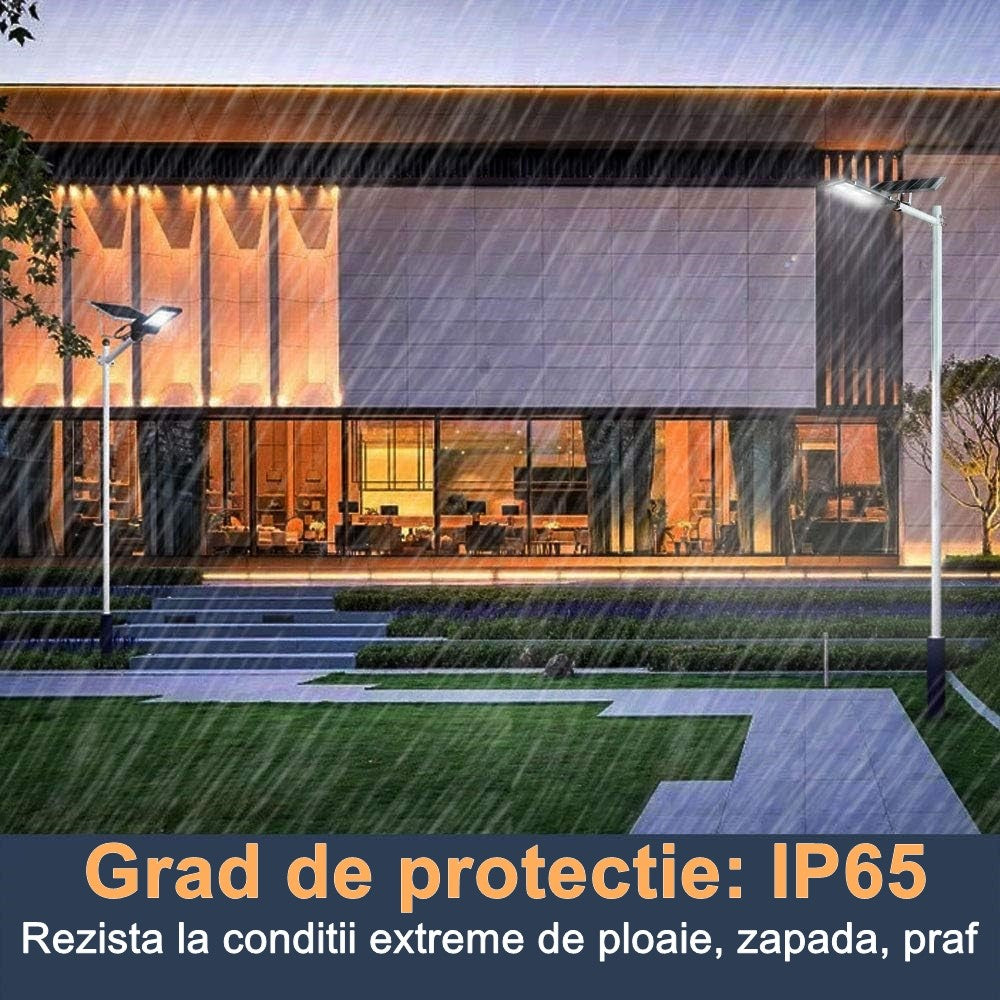 Lampa solara stradala Vivimall, IP65, senzor de lumina, 417 LED-uri SMD, 24000 lm, 300W, autonomie 12-16 ore, telecomanda, montare prin fixare, pentru strada sau gradina, finisaj lucios, material ABS, 49.5 x 21 x 6.5 cm, lumina alb rece - vivimall.ro