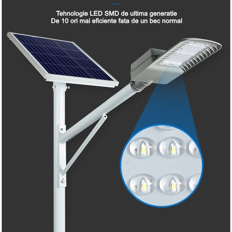 Lampa solara stradala Vivimall, IP65, senzor de lumina, 60 LED-uri SMD, 2250 lm, panou 25W, putere 200W, autonomie 12-16 ore, telecomanda, montare prin fixare, pentru strada sau gradina, finisaj mat, material ABS, 51.5 x 21 x 7.5, gri - vivimall.ro
