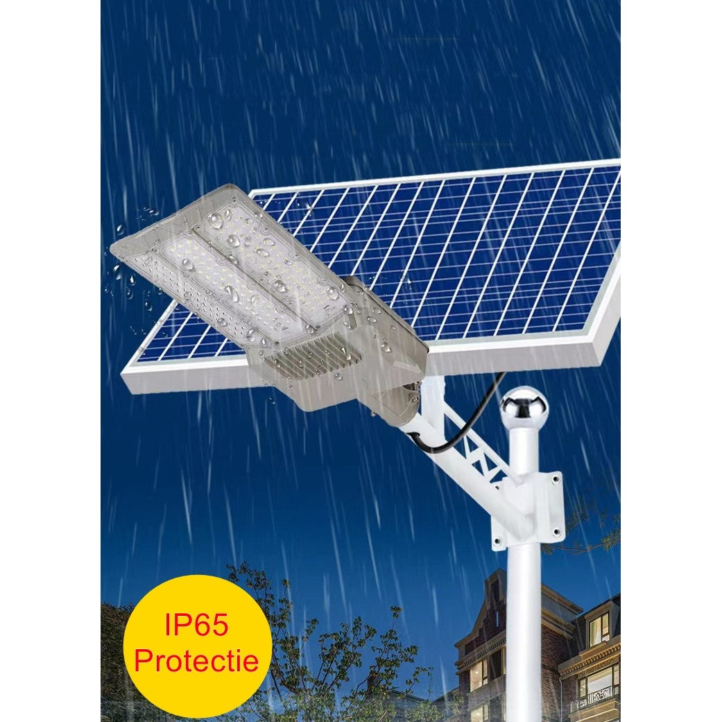 Lampa solara stradala Vivimall, pentru curte sau strada, cu trei grile, finisaj mat, rezistent la apa, montare prin fixare, senzor lumina, baterie de litiu, IP65, lumina rece, putere 1000W, autonomie 10 ore, 55 x 23 x 9 cm, gri
