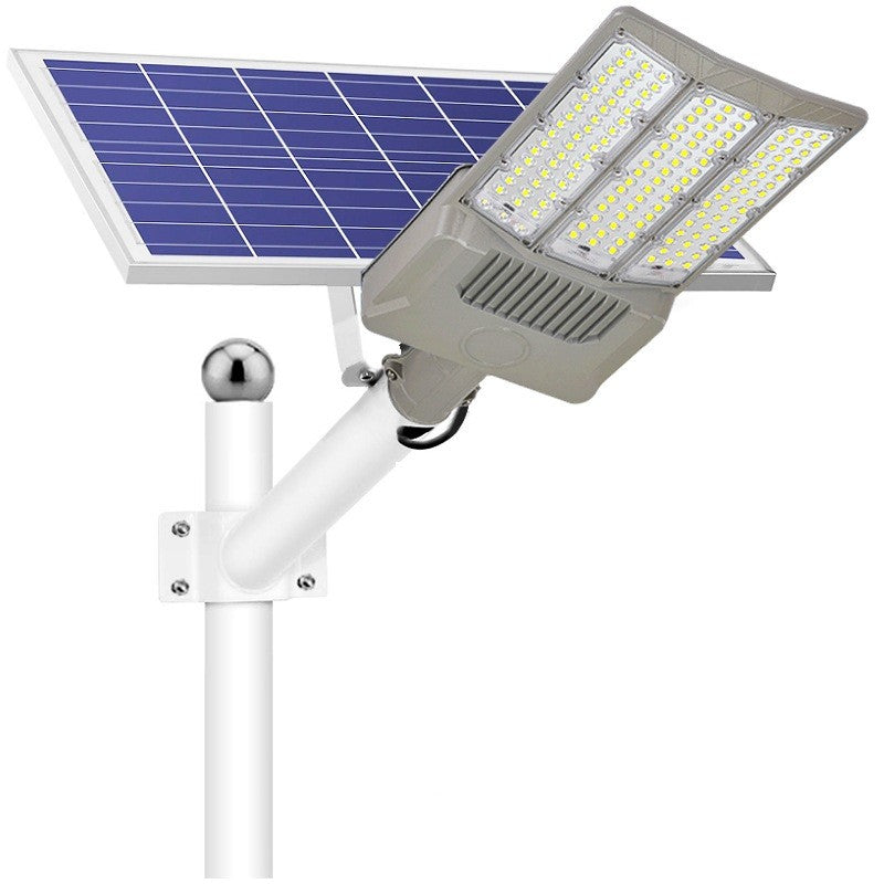 Lampa solara stradala Vivimall, pentru curte sau strada, cu trei grile, finisaj mat, rezistent la apa, montare prin fixare, senzor lumina, baterie de litiu, IP65, lumina rece, putere 1000W, autonomie 10 ore, 55 x 23 x 9 cm, gri