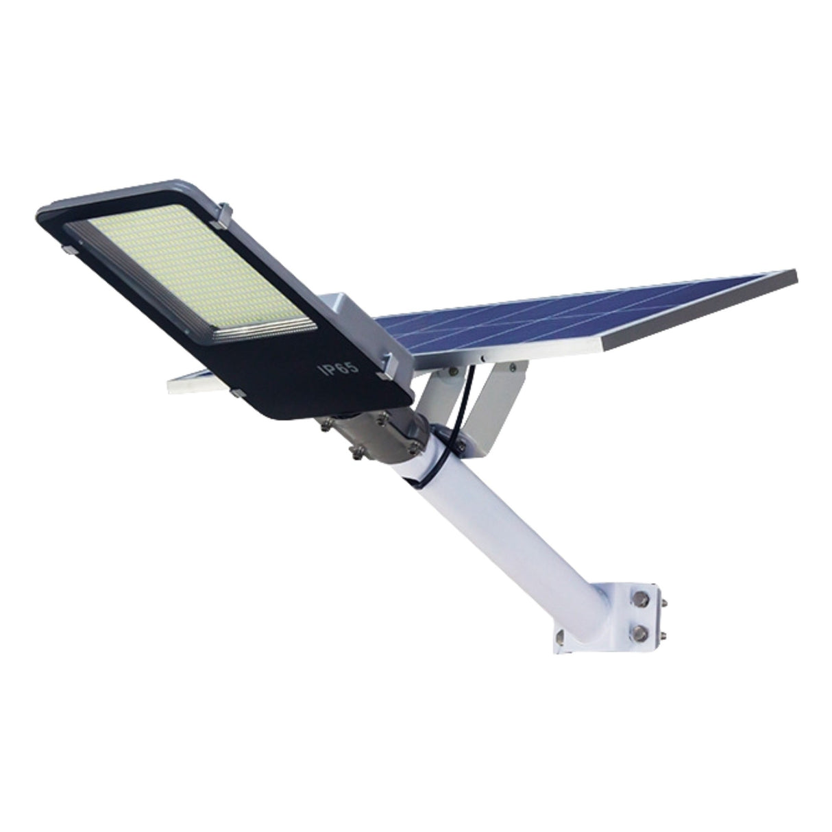 Lampa solara stradala Vivimall, pentru curte sau strada, finisaj lucios, rezistent la apa, montare prin fixare, senzor lumina, baterie de litiu, IP65, lumina rece, putere 500W, autonomie 10 ore, 49.5 x 21 x 9 cm, negru - vivimall.ro
