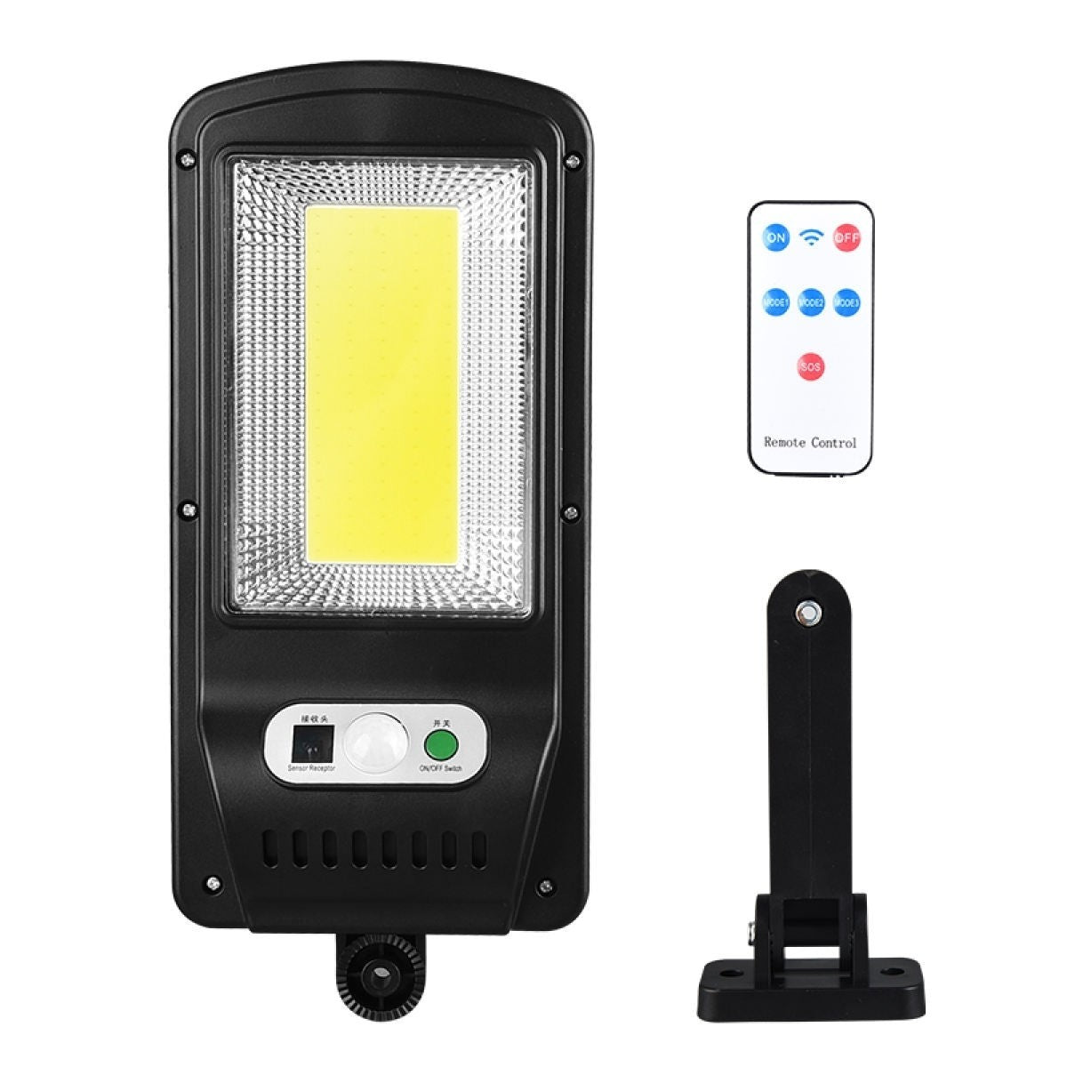 Lampa Solara De Exterior LED Vivimall, 36 cm x 11.5 cm, 2400Lumeni 100 COB LED 20 W - echivalent 160 W bec incadescent, IP65, Senzor de Miscare, Senzor de Lumina, 1 Grila, Alb Rece - vivimall.ro
