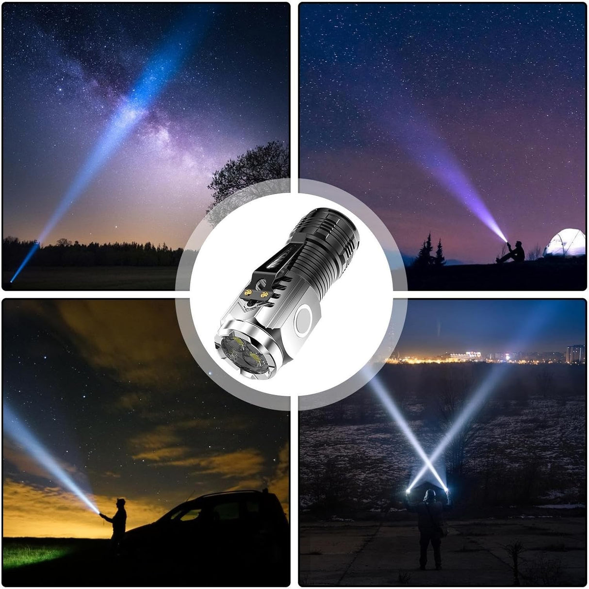 Lanterna cu 3 Nuclee Led, Vivimall, Incarcare USB, Autonomie 4-20h, Raza Maxima 100-200 m, 5W, 4 x 4 x 9 cm, Suport de Agatat, Fund Magnetic, Argintiu - vivimall.ro