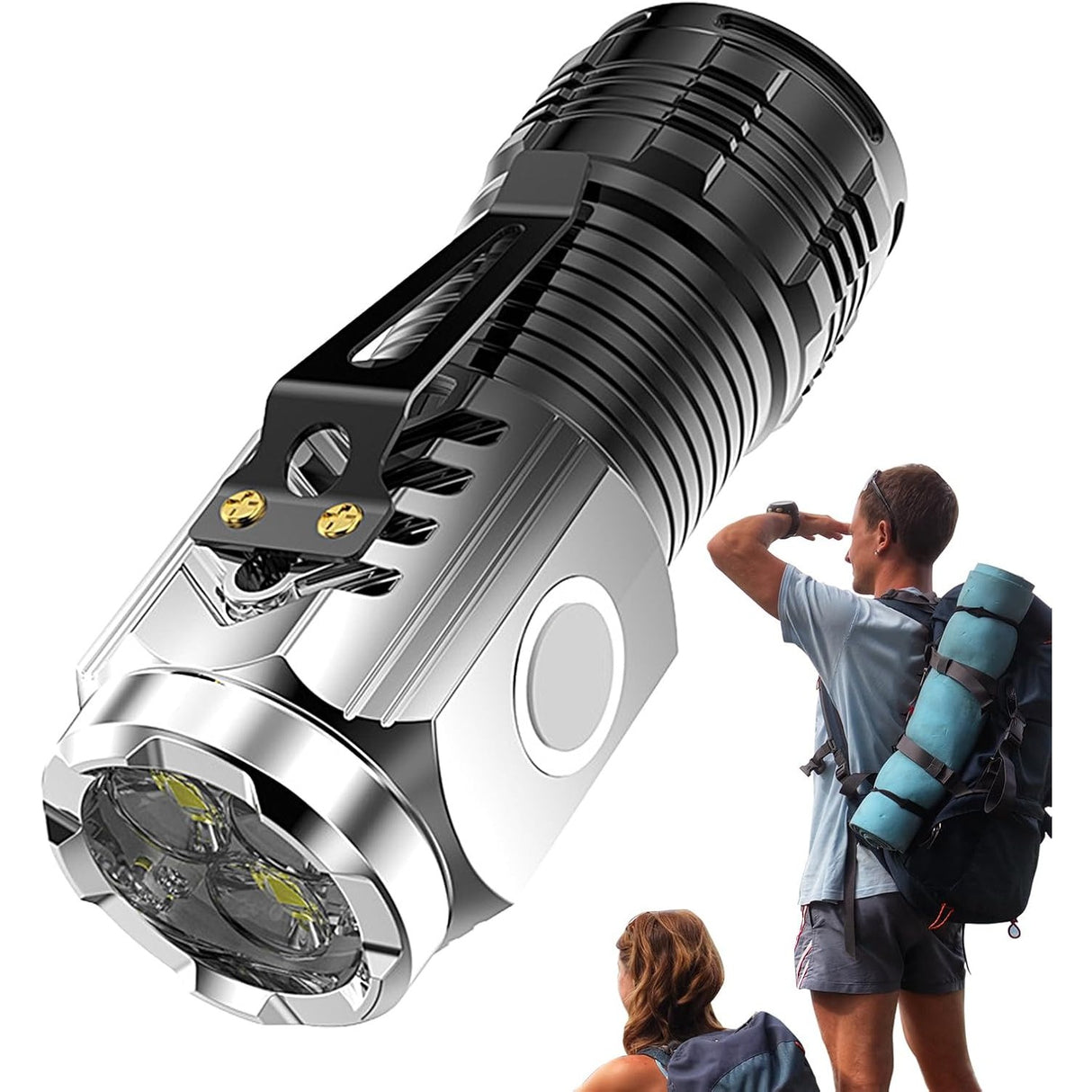 Lanterna cu 3 Nuclee Led, Vivimall, Incarcare USB, Autonomie 4-20h, Raza Maxima 100-200 m, 5W, 4 x 4 x 9 cm, Suport de Agatat, Fund Magnetic, Argintiu - vivimall.ro