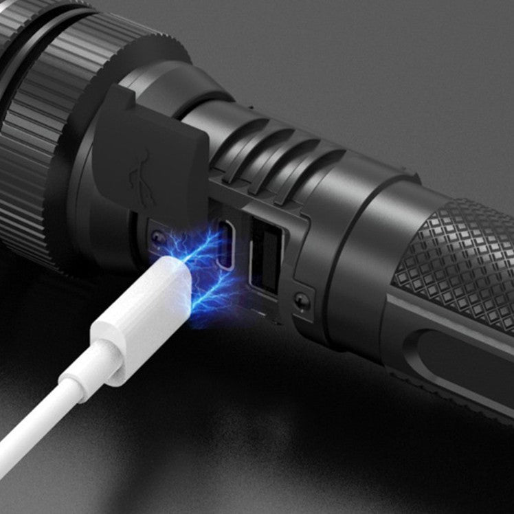 Lanterna LED Lumina Alba, Vivimall, Lanterna cu Zoom Telescopic, Baterie externa, din Aluminiu + ABS, 1800 mAh, 17 x 4 x 3 cm, Negru - vivimall.ro