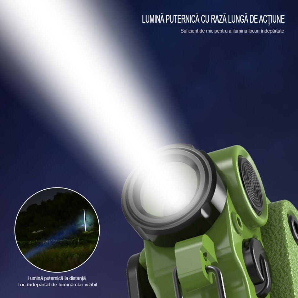 Lanternă mini Elvis verde cu sursă COB și mâner rotativ 180°, detaliu lateral stânga