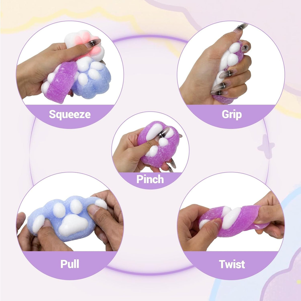 Jucarie Antistres Squishy, Vivimall, cu Revenire Lenta, Squeeze Pinch Family, Model Labuta de Pisica Pufoasa, 6x6 cm, 72g, Ambalaj Transparent, Mov-Alb - vivimall.ro