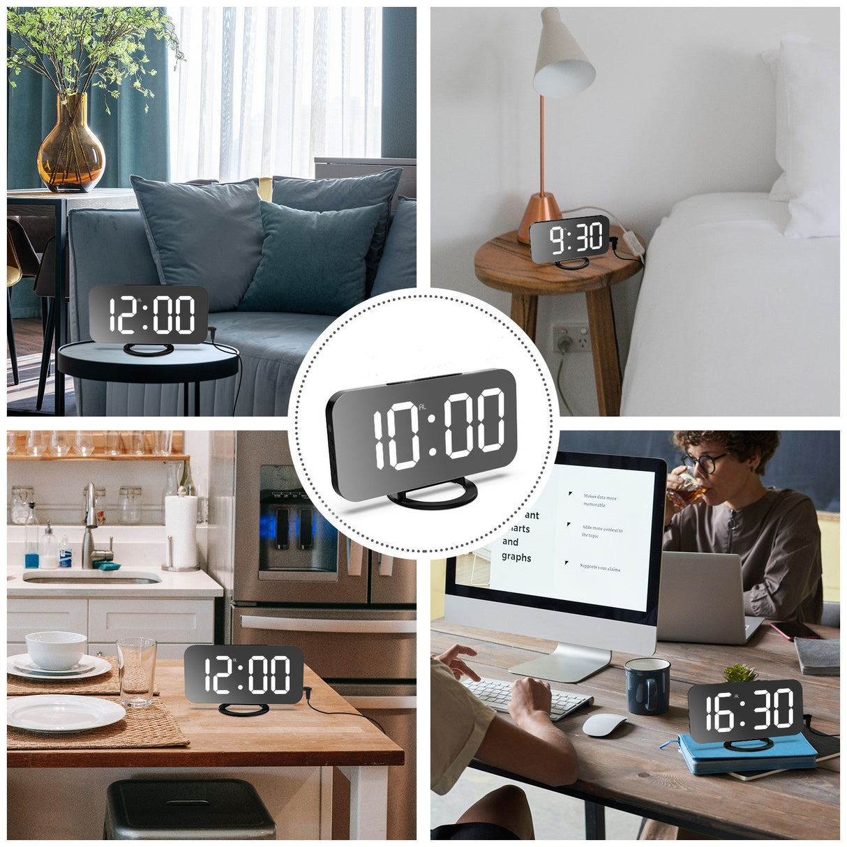 Ceas digital cu LED, Vivimall, multifunctional, afisaj digital, alarma, 2 porturi USB de iesire, ecran tip oglinda, modern, 15.8 cm, alb - vivimall.ro