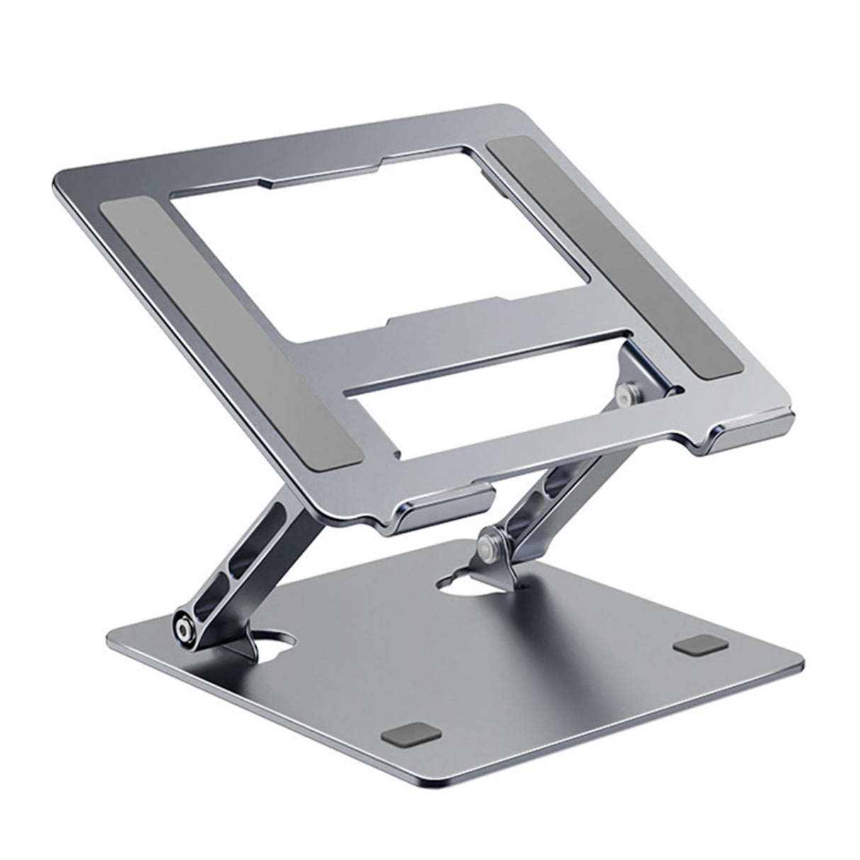 Suport tabletă și laptop Flippy gri închis, vedere frontală, design ergonomic pliabil din metal, 27,7 cm