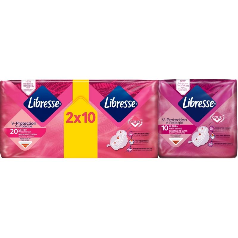Absorbante Libresse Freshness Protection și Natural Protection, set 20 și 10 bucăți, vedere frontală ambalaj