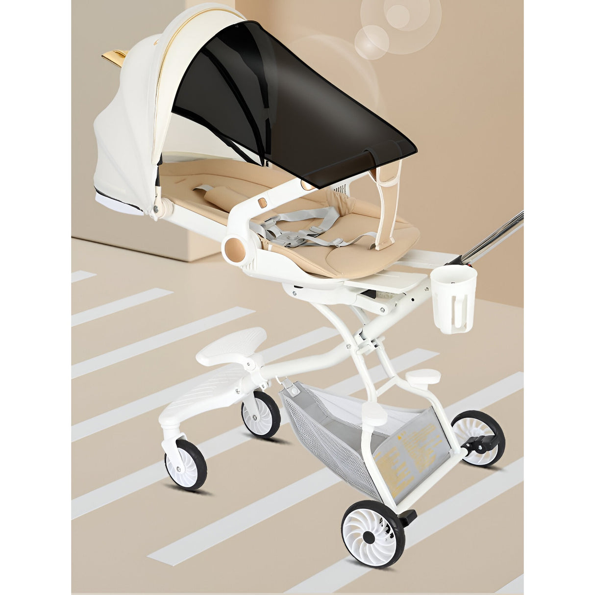 Carucior Sport Flippy 3in1, 6-36 Luni, Reversibil, Pliabil, Tavita pentru Masa, Pozitie de Somn, Centura de Siguranta, Roti 360, Suport Pahar, Copertina pentru Soare, 33x66x85cm, Alb Model Pisica - vivimall.ro