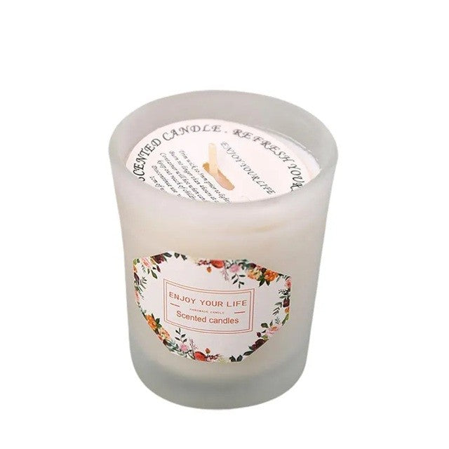 Lumanare Parfumata, Vivimall, Model Pahar Alb Transparent, Aroma de Frezie/Para, din Ceara de Soia, 6.2 x 5.2 cm, Alb - vivimall.ro