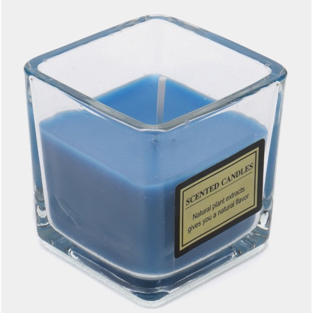 Lumanare Parfumata, Vivimall, Model Pahar Transparent, cu Ulei Esential, 4.8 x 5.4 x 5.5 cm, Aroma de Frezie, Albastru - vivimall.ro