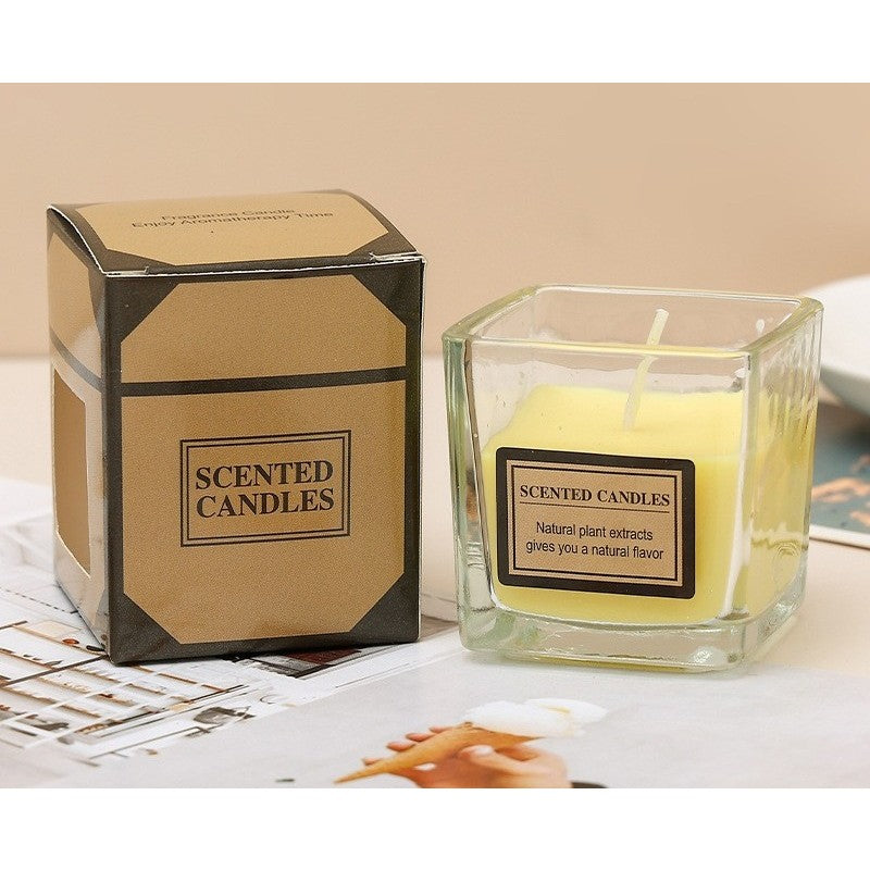 Lumanare Parfumata, Vivimall, Model Pahar Transparent, cu Ulei Esential, 4.8 x 5.4 x 5.5 cm, Aroma de Kaki Japonez, Galben - vivimall.ro