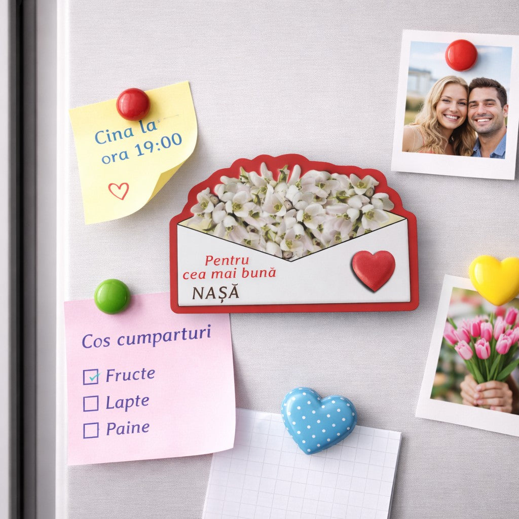 Detaliu magnet mărțișor Jolie cu plic decorativ, flori albe și inimiară roșie, magnet flexibil verso