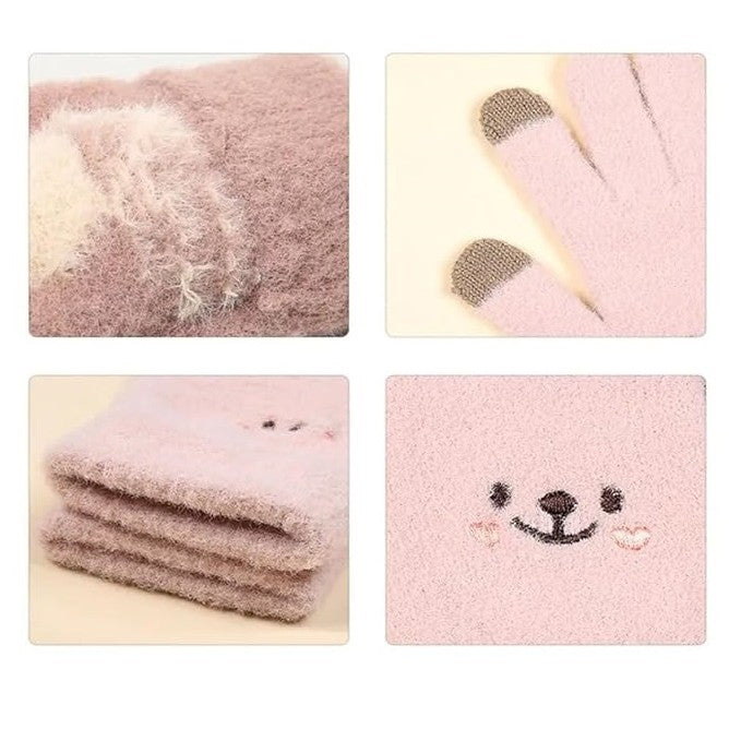 Manusi Dama, Vivimall, Model Fata Zambitoare, Functie Touchscreen (ecran tactil), Material Lana Brodata, Manseta Elastica, Interior Pufos, Marime Universala, Roz - vivimall.ro