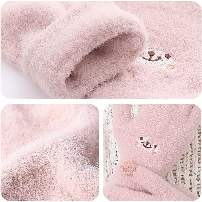 Manusi Dama, Vivimall, Model Fata Zambitoare, Functie Touchscreen (ecran tactil), Material Lana Brodata, Manseta Elastica, Interior Pufos, Marime Universala, Roz - vivimall.ro