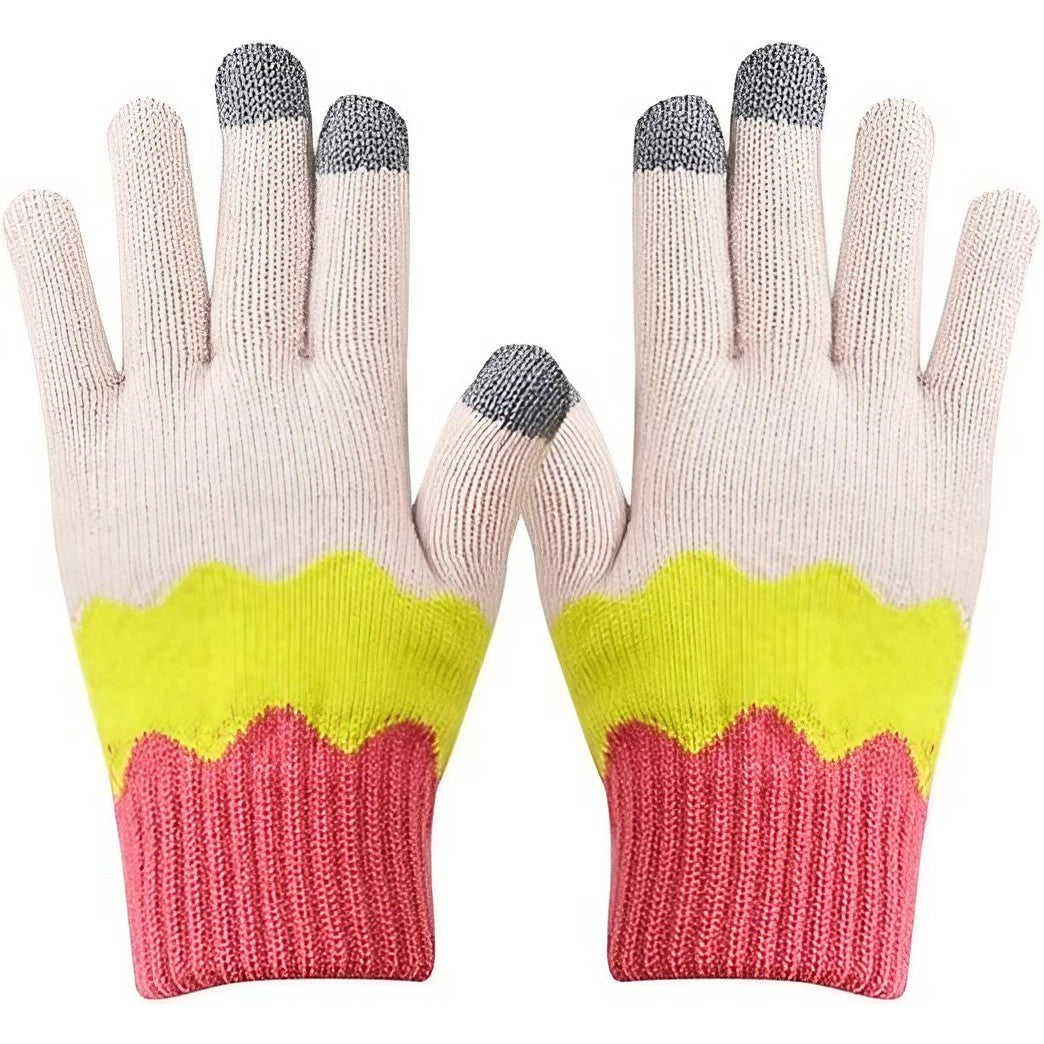 Manusi de Dama, Flippy, Model Ondulat, Functie Touchscreen (ecran tactil), Material Acril Tricotat, Manseta Elastica, Interior Catifelat, Marime Universala, Galben/Roz - vivimall.ro