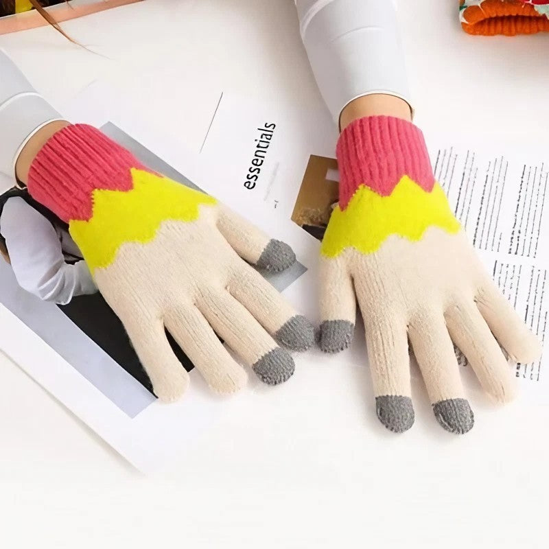 Manusi de Dama, Flippy, Model Ondulat, Functie Touchscreen (ecran tactil), Material Acril Tricotat, Manseta Elastica, Interior Catifelat, Marime Universala, Galben/Roz - vivimall.ro