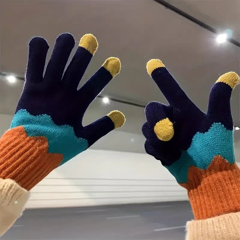 Manusi de Dama, Vivimall, Model Ondulat, Functie Touchscreen (ecran tactil), Material Acril Tricotat, Manseta Elastica, Interior Catifelat, Marime Universala, Portocaliu/Albastru - vivimall.ro