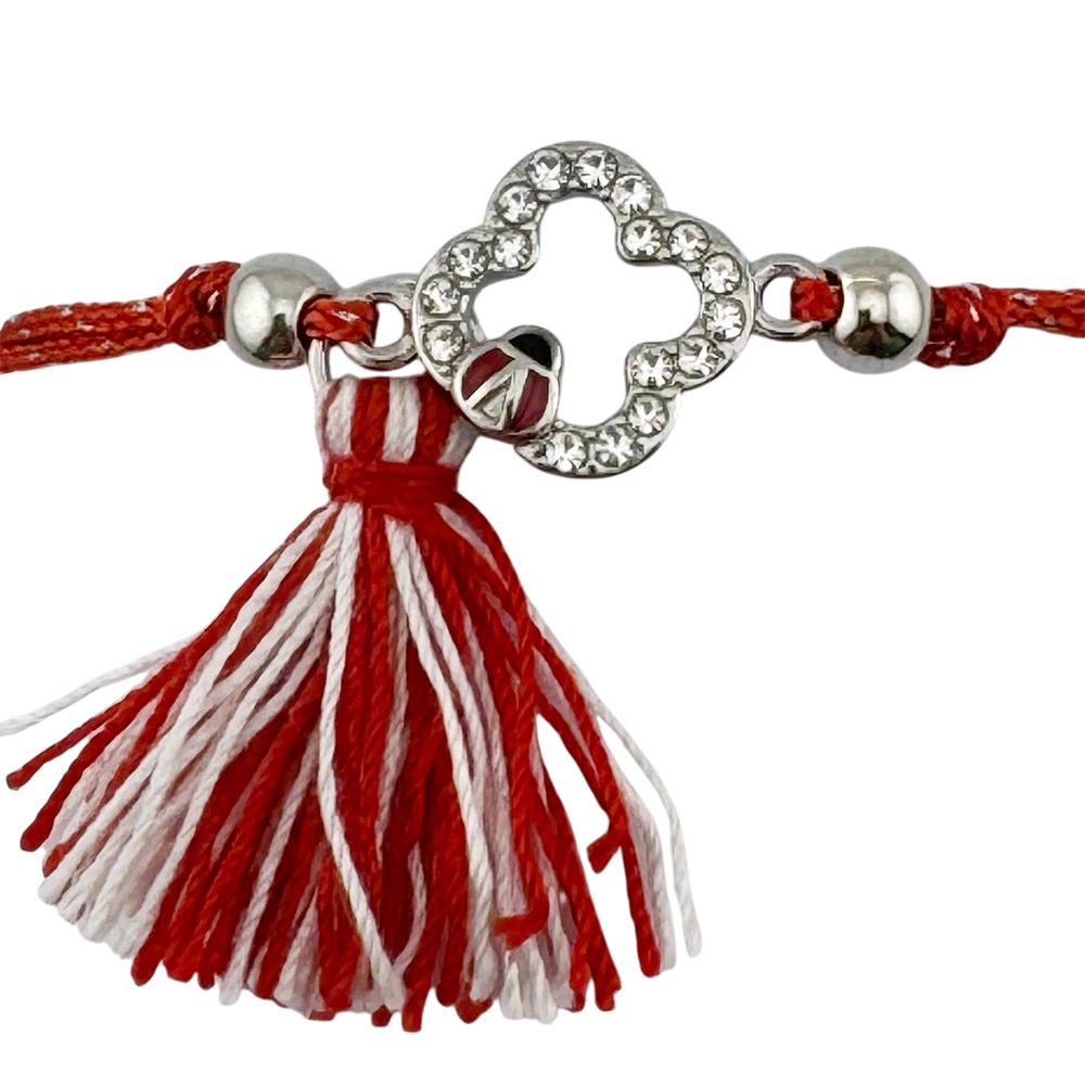Martisor Bratara cu Ciucure pentru Dama, Jolie, Model Trifoi Contur cu Buburuza, Set 12 bucati, Pandativ din Inox cu Pietre, Snur Reglabil, Rosu/Alb - vivimall.ro