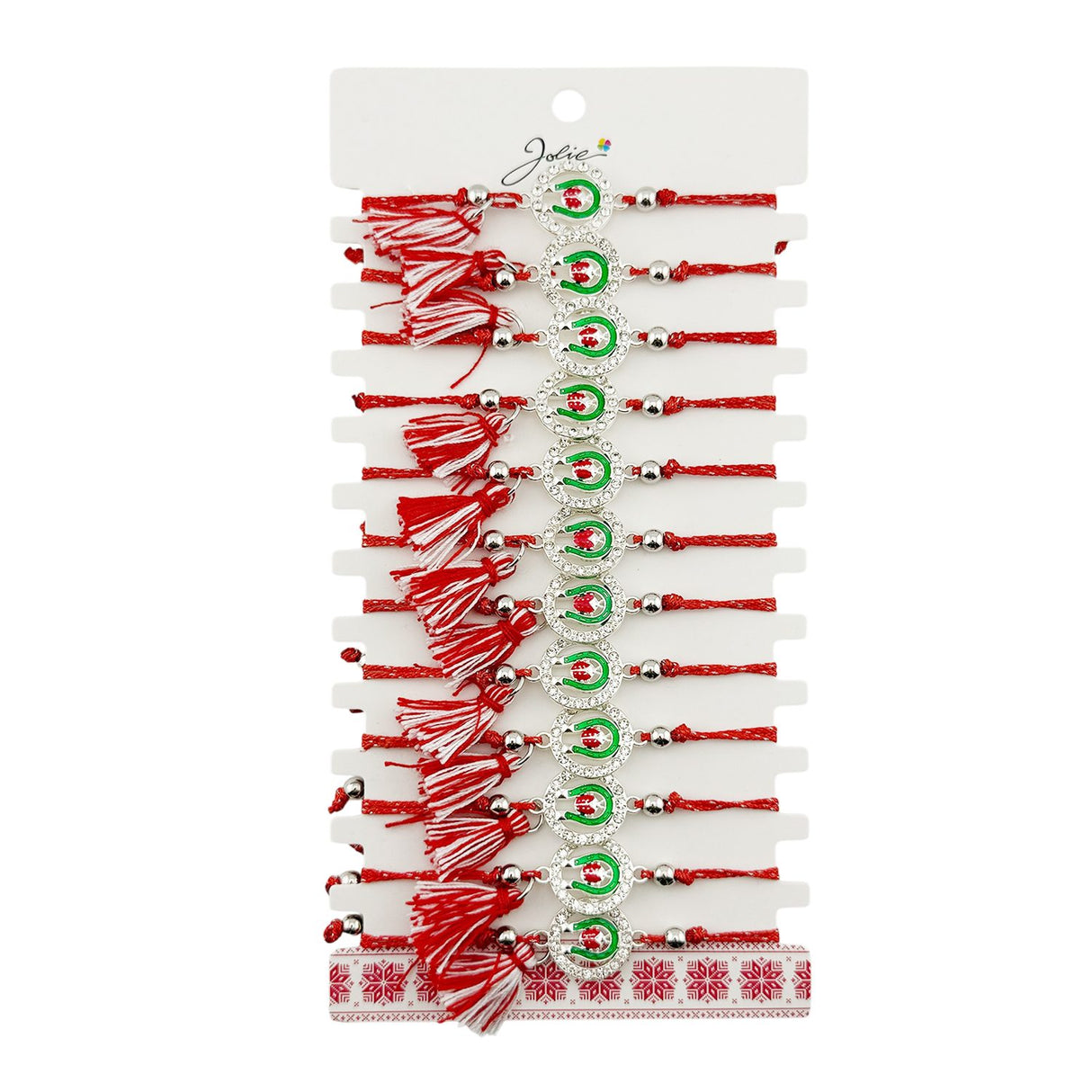 Martisor Bratara cu Ciucure pentru Dama, Jolie, Model Potcoava cu Buburuza in Cerc, Set 12 bucati, Pandativ din Inox cu Pietre, Snur Reglabil, Rosu/Alb - vivimall.ro