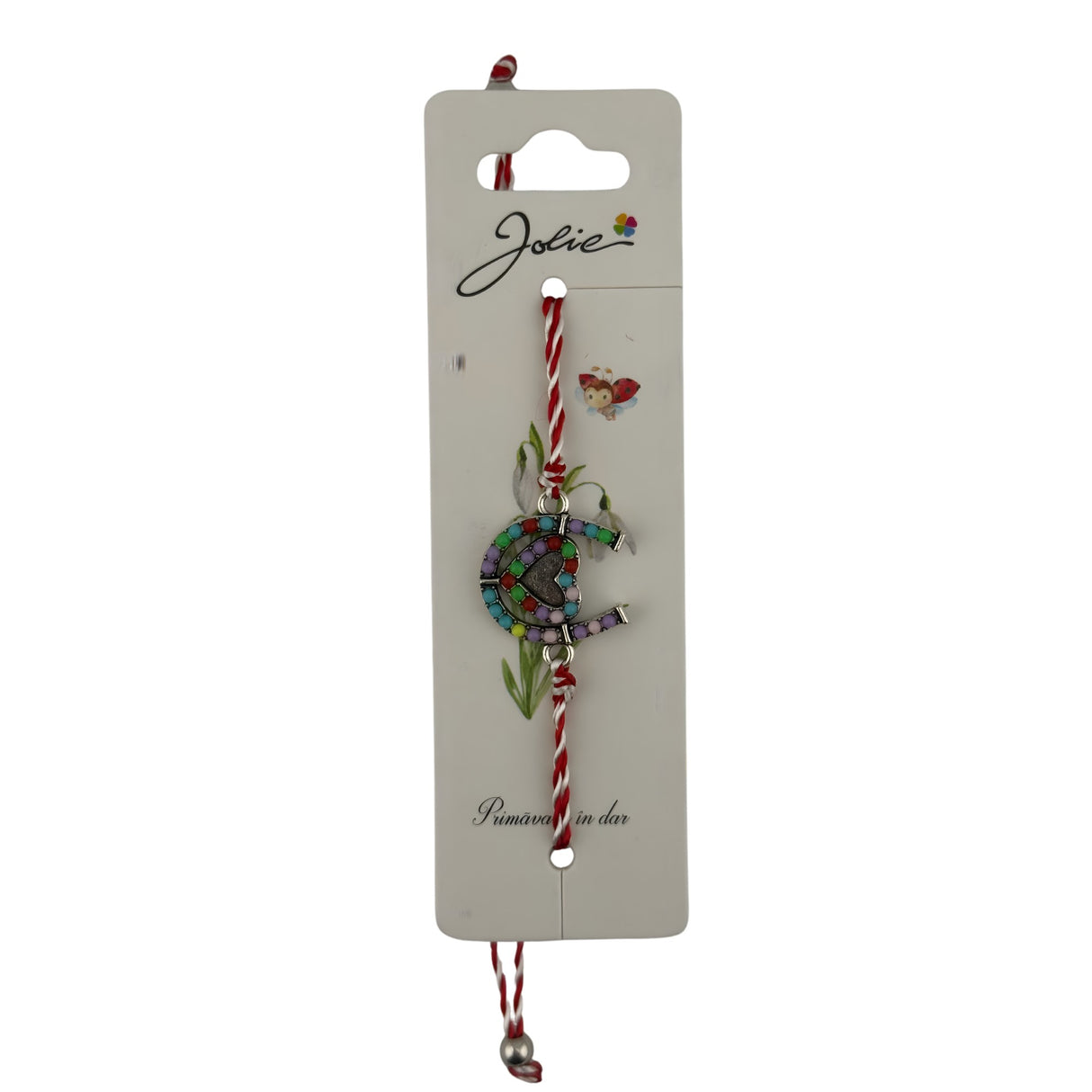 Martisor Bratara cu Snur Alb Rosu Reglabil, Model Potcoava Multicolora cu Inimioara, Jolie - vivimall.ro