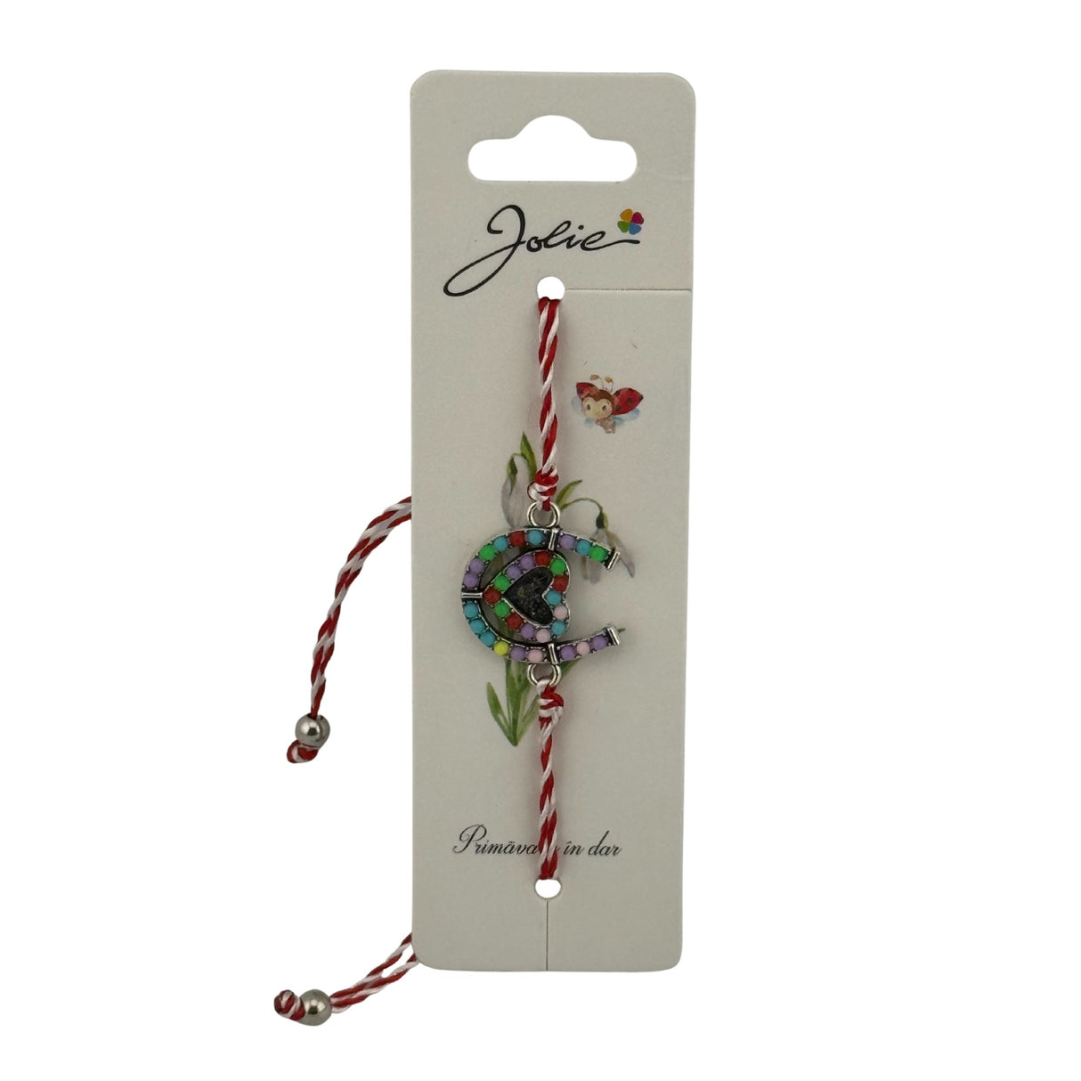 Martisor Bratara cu Snur Alb Rosu Reglabil, Model Potcoava Multicolora cu Inimioara, Jolie - vivimall.ro