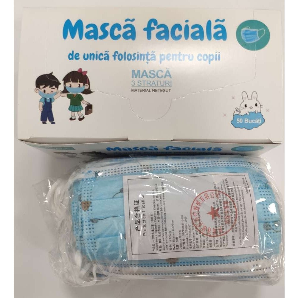 Masca faciala pentru copii, Vivimall, 3 straturi si 3 pliuri, albastra - 1 bucata - vivimall.ro