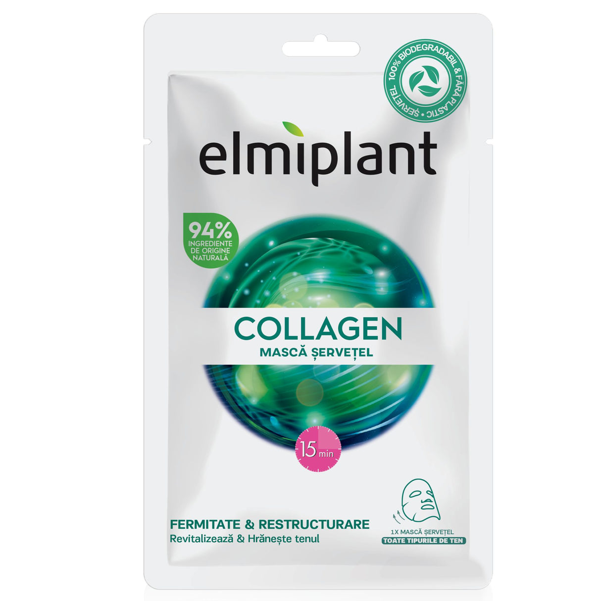 Mască șervețel Elmiplant Collagen 20 ml pentru toate tipurile de ten, vedere frontală ambalaj