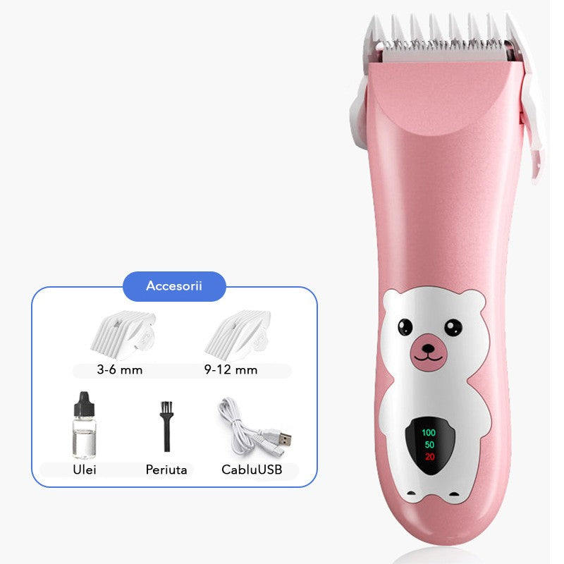 Masina De Tuns Bebelusi si Copii, Vivimall, Display Digital, Lame Cermice si Inox, Fara Fir, Functie Anti Taiere, Silentios, 50 W, Rezistent la Apa, 2 Accesorii, Incarcator USB, Model Ursulet, Roz - vivimall.ro