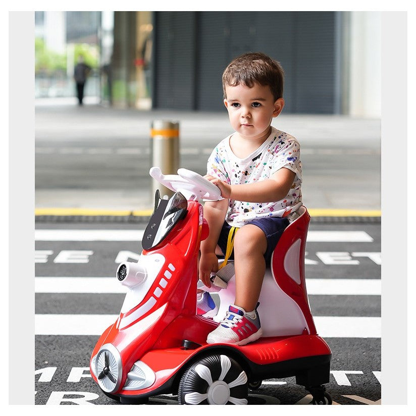 Masinuta electrica cu telecomanda pentru copii, Vivimall, roti spate rotire 360, 3- 6 ani, curea siguranta, baloane de sapun, lumini si sunete, self control si prin telecomanda, cu pedale de acceleratie si frana, rosie - vivimall.ro