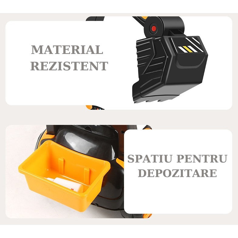Masinuta Electrica Vivimall, Tip Excavator, Brat Electric cu Maneta de Control, Spatar si Bare Laterale, Sistem Muzica si Lumini, 2-7 Ani, 72 x 34 x 45 cm, Portocaliu - vivimall.ro