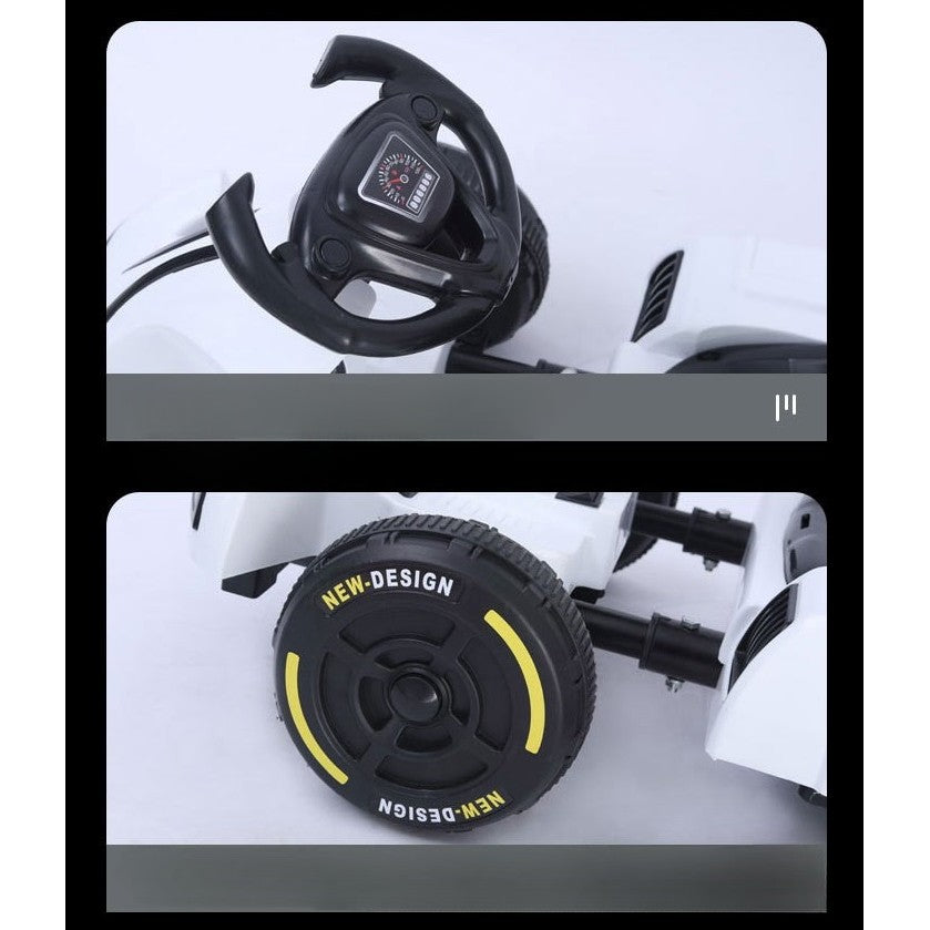 Masinuta Electrica Vivimall, Tip Kart, cu Telecomanda, Dimensiune Reglabila, 2 Viteze, Sistem de Lumini si Sunet, Pentru Copii intre 1.2 - 1.6 Inaltime, 105 x 55 x 50 cm, Alb - vivimall.ro