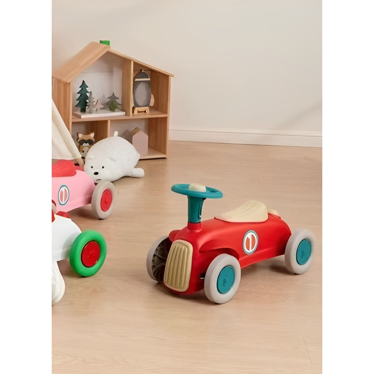 Masinuta Ride-On Vivimall, cu Sistem Anti-Rasturnare, Claxon pe Volan, 1-6 Ani, 60 x 28 x 34 cm, Rosu-Crem - vivimall.ro