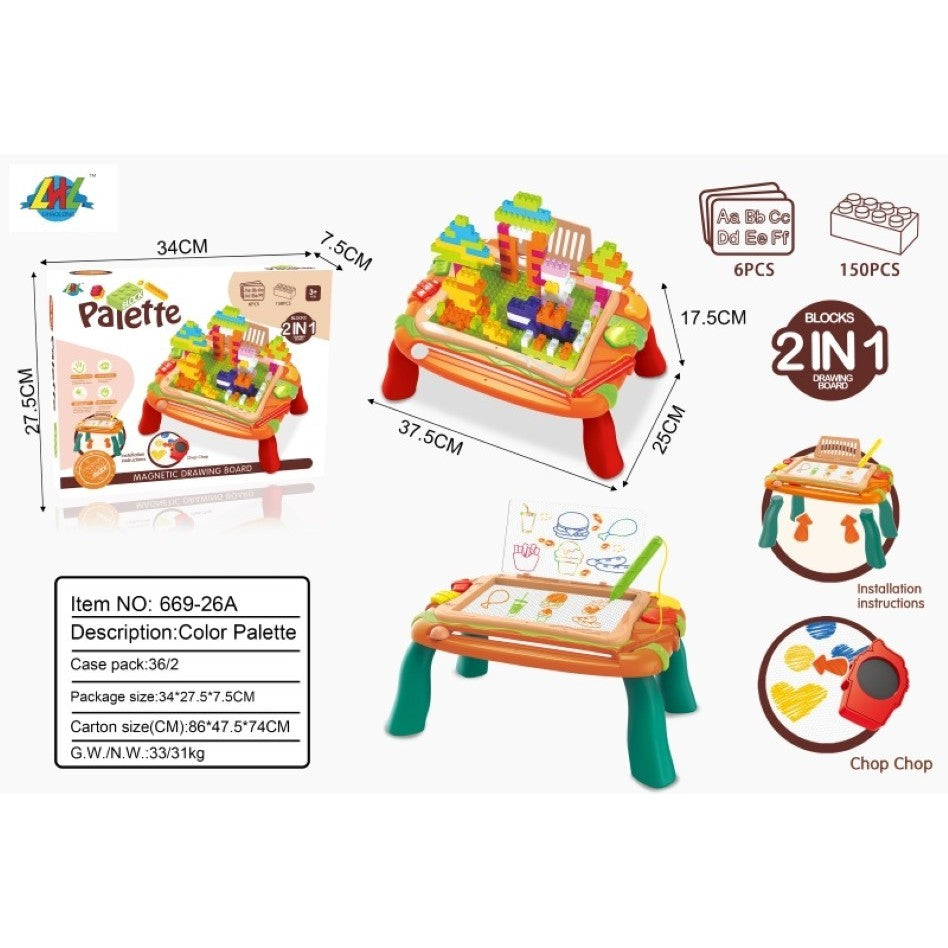 Masuta educativa pentru desenat si construit, 2 in 1, Vivimall, 150 de piese de constructie incluse - vivimall.ro