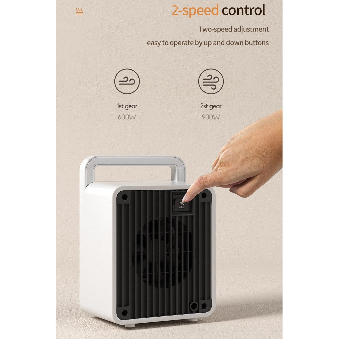 Mini Aeroterma, Vivimall, Mini Radiator Electric, Putere 900 W, Buton cu 2 Trepte de Temperatura, Inchidere Automata, cu Maner de Prindere, 15x10.3x21 cm, Alb/ Negru - vivimall.ro