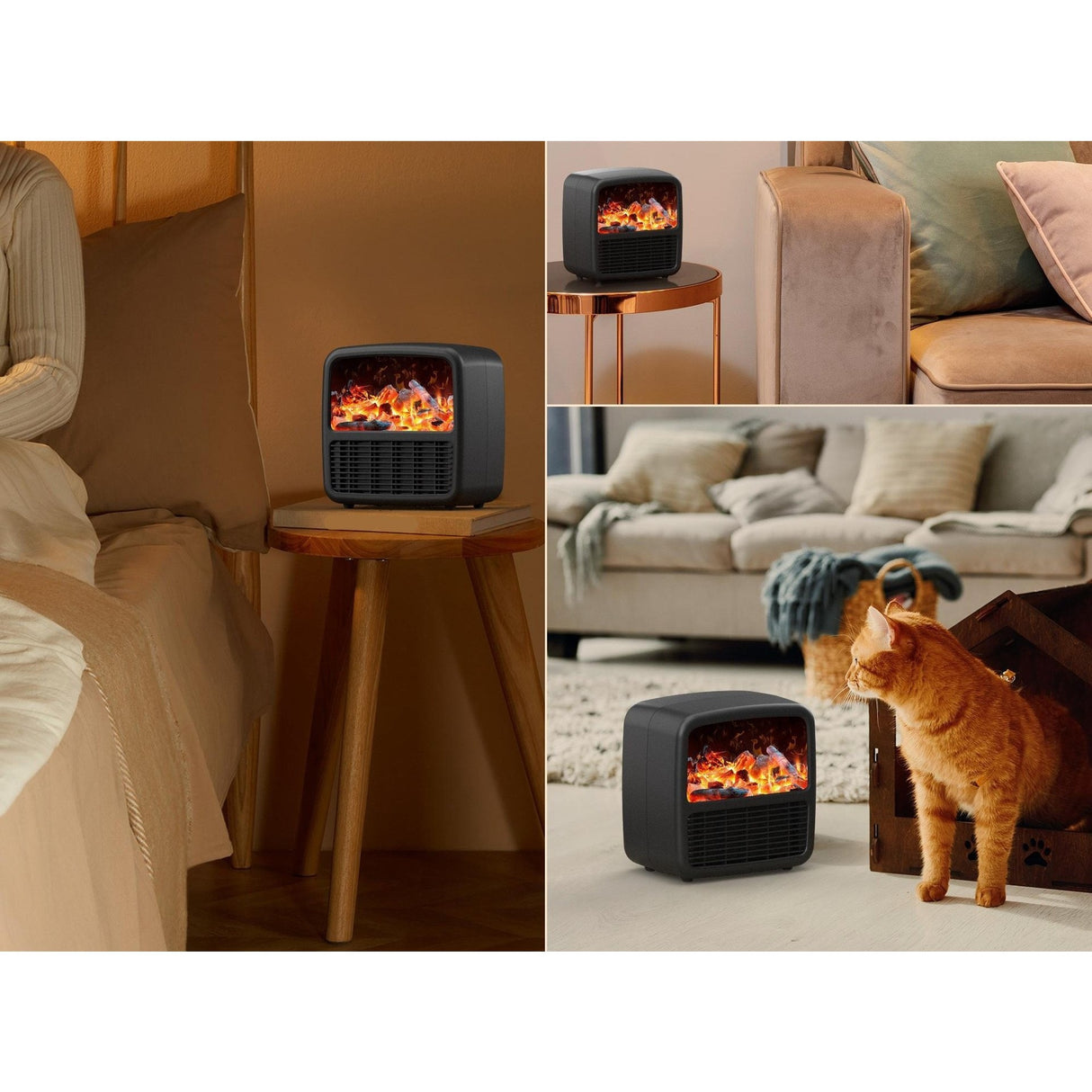 Mini Aeroterma Portabila, Vivimall, Display LCD, Flacara Tip Semineu, 1500W, 2 Trepte, Oprire Automata, 22 x 22 x 15 cm, Negru - vivimall.ro