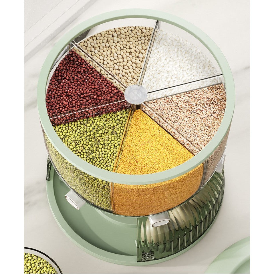 Dozator Etajat de Cereale Vivimall, Rotativ 360, 6 Compartimente, Capacitate 10L, Cofraj Special pentru Oua, Vas pentru Scurgerea Cerealelor, 35x27.5 cm, Verde - vivimall.ro