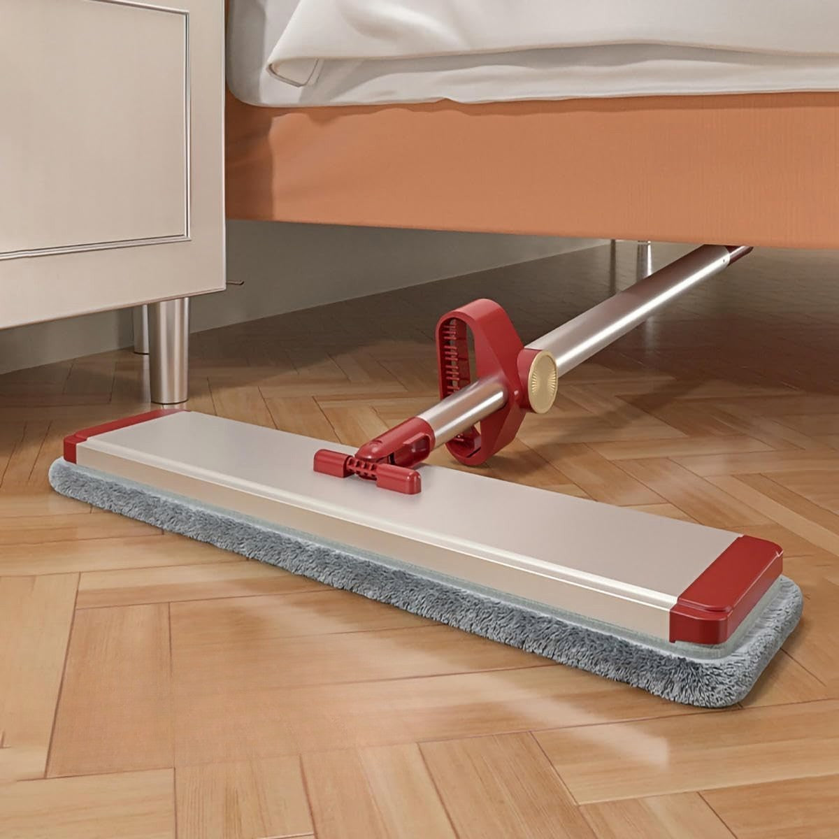 Mop Plat cu Laveta din Microfibra, Vivimall, Pentru Uz Casnic, cu 2 Lavete Incluse, Sistem de Stoarcere, Tija Telescopica 130 cm, Rotire 360°, 42 x 130 cm, Rosu - vivimall.ro